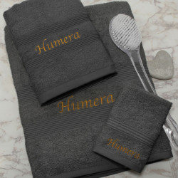 Personalised Dark Grey Towel Set Large Sheet Hand and Flannel