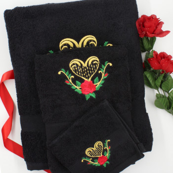 Embroidered Towel Set 3pc Rose and Heart Black Towels