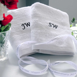 Personalised Anniversary Towels White Hand Gift Set with Ribbon