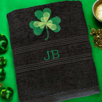 Embroidered Clover Towel Shamrock Black Bath Towel