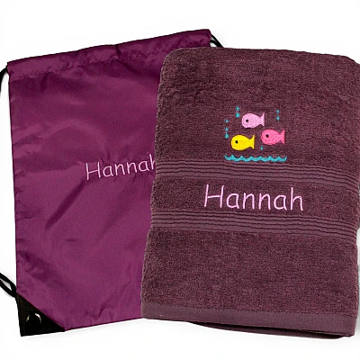 Personalised Swim Towel with Bag Fishes Towel Set