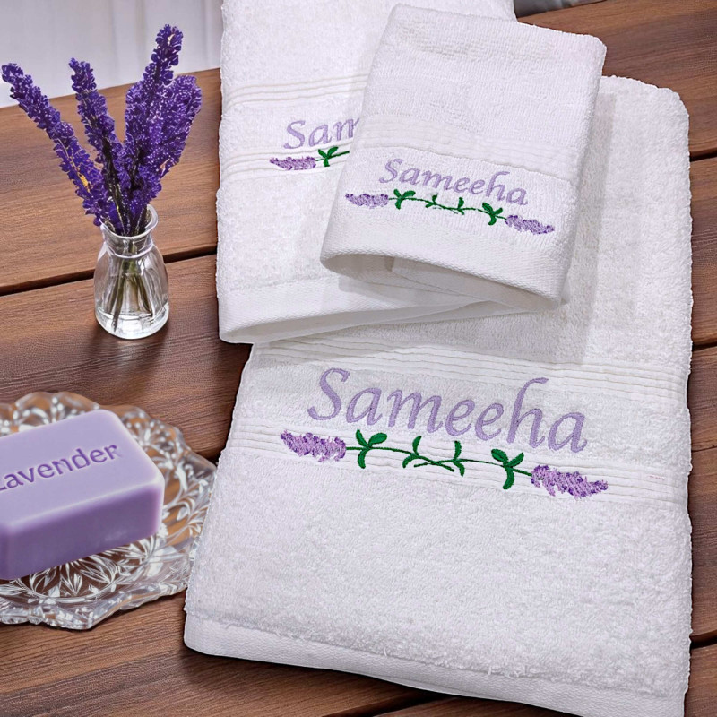 Lavender Flowers Embroidered Towels Set 3pc Personalised Towel Bale