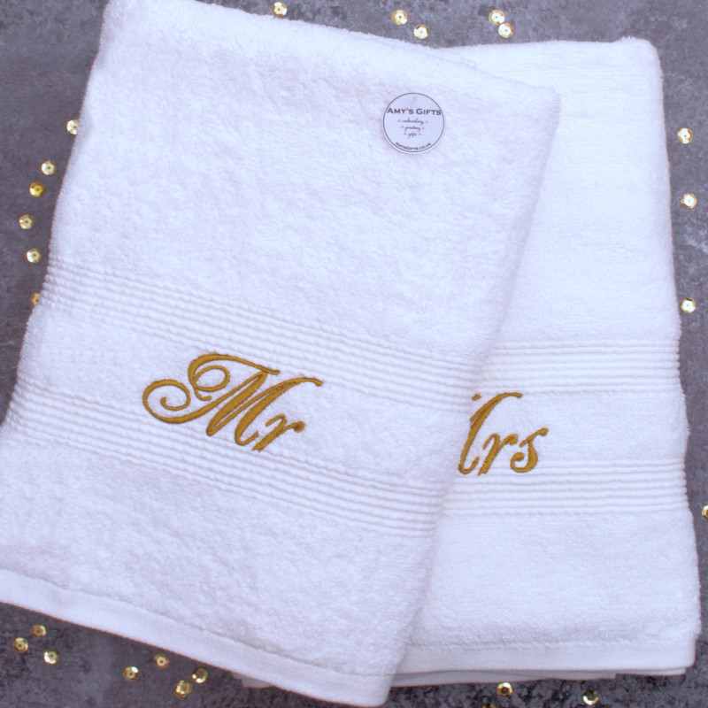 Mr and Mrs Towels Set Personalised White Bath Towels
