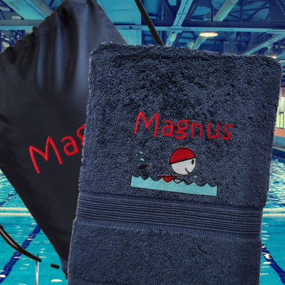 Swim Towel with Bag Personalised Navy Blue Towel and Bag