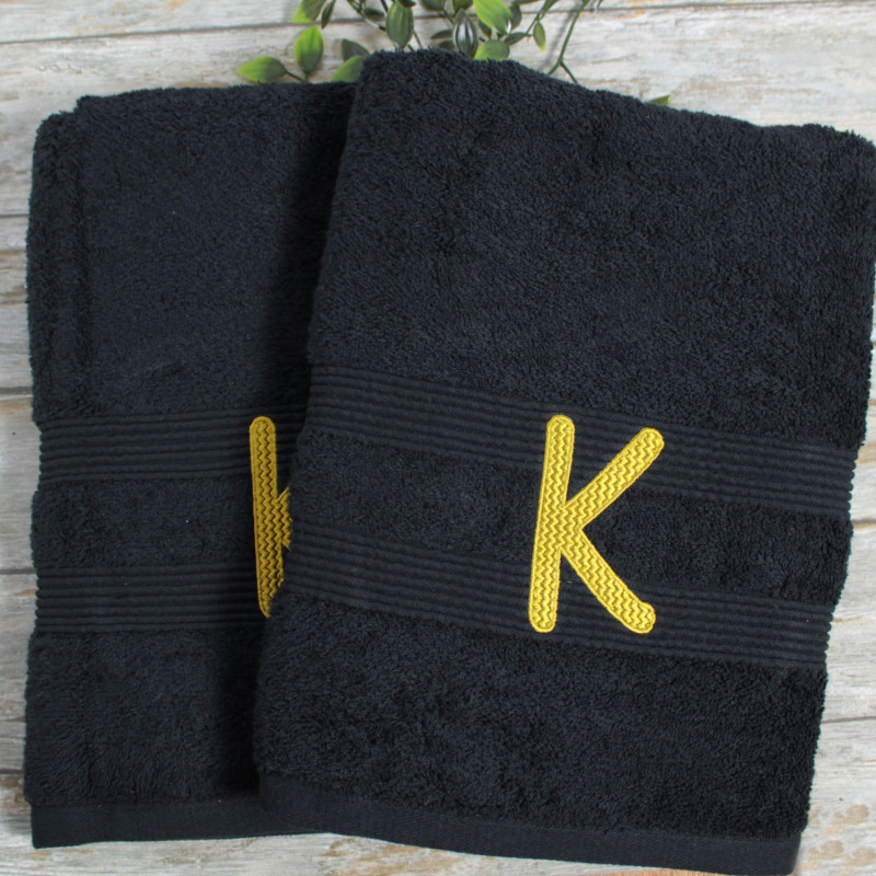 Monogram Initial Bath Towel Set Pair of Black Towels