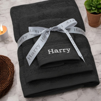 Personalised Towels With Ribbon Charcoal Grey Bath Hand Flannel Set