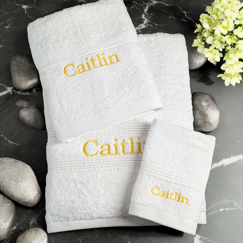Personalised White Towel Set Bath Hand and Flannel Gift