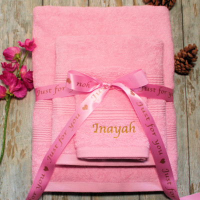Personalised Towels With Ribbon Pink Bath Hand Flannel Set