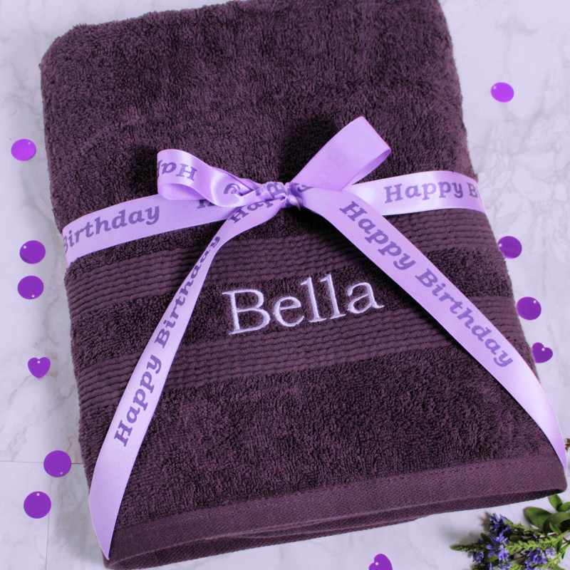 Personalised Purple Towel with Gift Ribbon