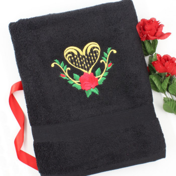 Embroidered Bath Towel Designer Rose and Heart