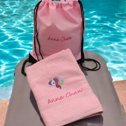 Personalised Swim Towel Set Unicorn Towel and Bag Pink