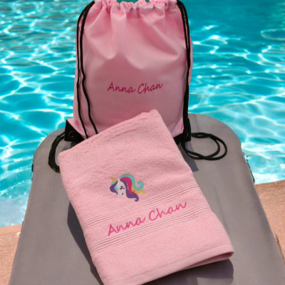 Personalised Swim Towel Set Unicorn Towel and Bag Pink