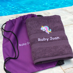 Personalised Swim Towel Set Unicorn Towel and Bag Purple