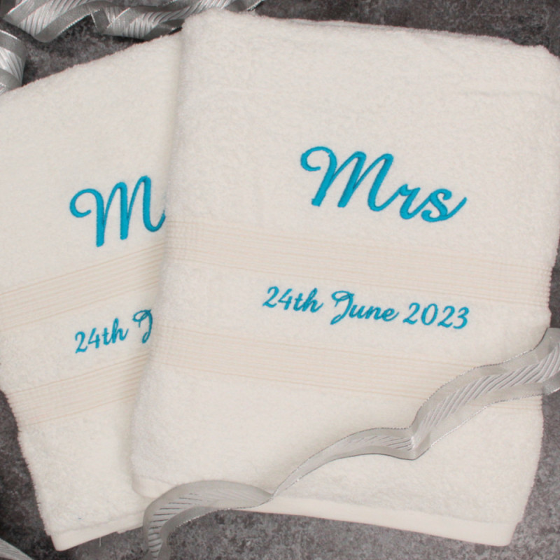 Mr and Mrs Towels Personalised White Bath Pair