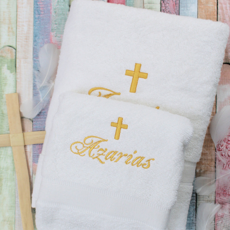 Baptism Towel Set Personalised Single Name and Cross Towels