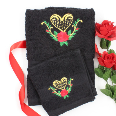 Hand Towel Face Cloth Set Embroidered Rose and Heart 2pc Towels