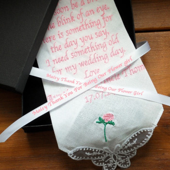 Flower Girl Handkerchief Rose Hanky Gift Box Personalised Ribbon