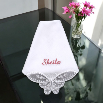 Ladies Personalised Handkerchief Pretty Butterfly Lace Corner Hanky