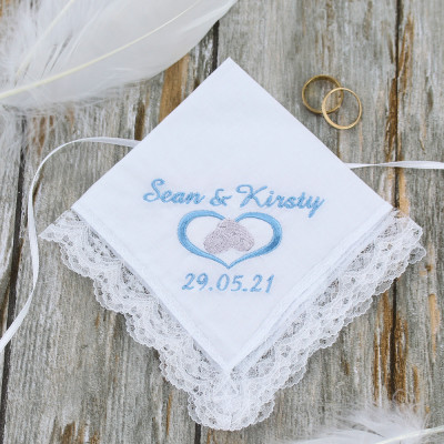 Wedding Handkerchief Personalised Heart and Rings Lace Hanky
