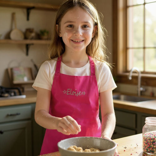 Personalised Pink Apron Girls Baking Name and Stars Gift Personalised Pink Apron Girls Baking Name and Stars Gift