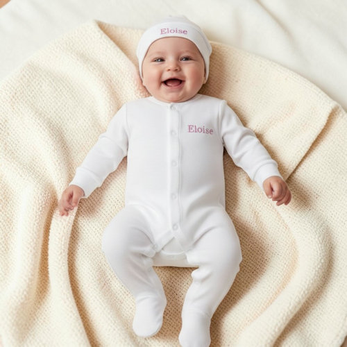 Personalised Babygrow Set White Sleepsuit and Hat Gift