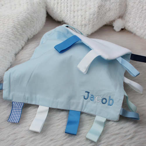 Personalised Baby Comforter Blue Ribbon Taggy Multicolour NamePersonalised Baby Comforter Bl