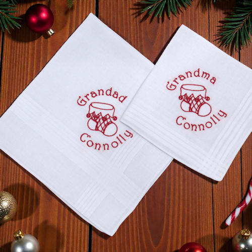 Grandparents Christmas Hankies Pair of Personalised Stocking Hankies