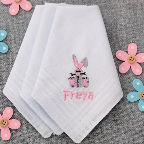 Childs Bunny Hankies Personalised Rabbit Handkerchiefs Set