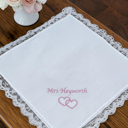 Ladies Handkerchief Hearts Entwined Lace Trim Hanky