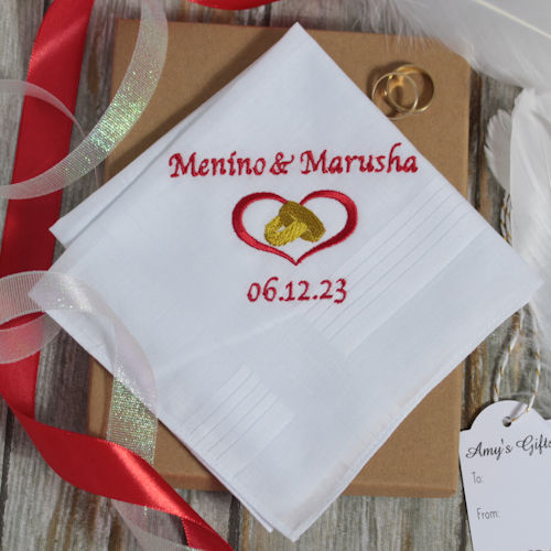 Personalised Mens Wedding Hanky Heart and Rings Handkerchief