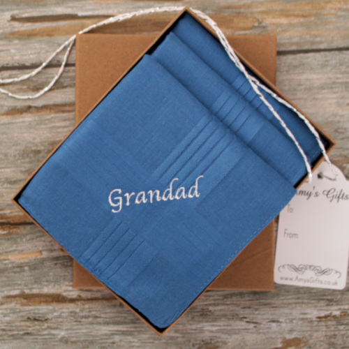 Mens Handkerchief Set Personalised 3 Blue Cotton Hankies