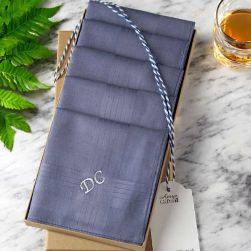 Mens Personalised Handkerchiefs 5 Gift Boxed Navy Blue Hankies Set