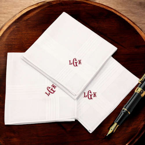 Fine Luxury Monogrammed Handkerchiefs Three Personalised Traditional Large Centre Initial