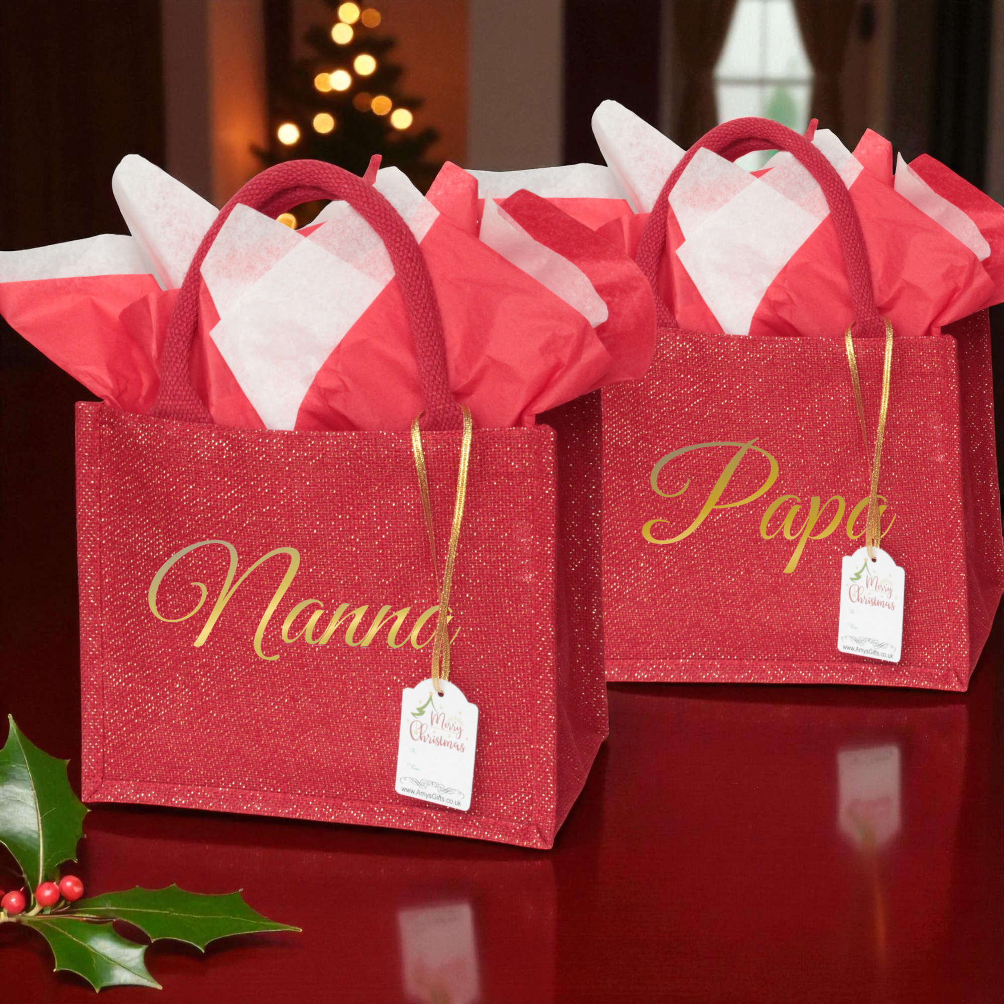 Christmas Gift Bag Personalised Printed Red Reusable Bags