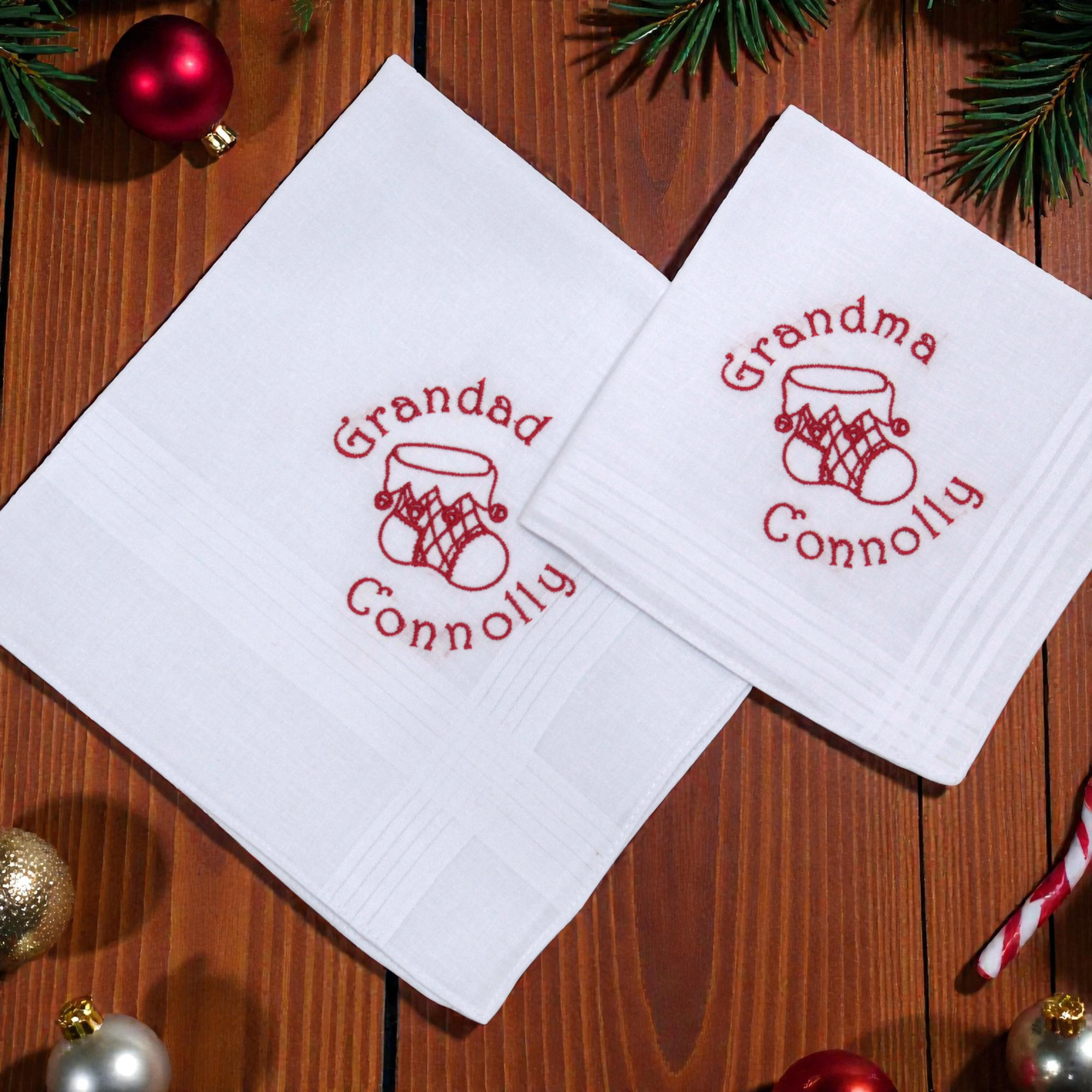 Grandparents Christmas Hankies Pair of Personalised Stocking Hankies