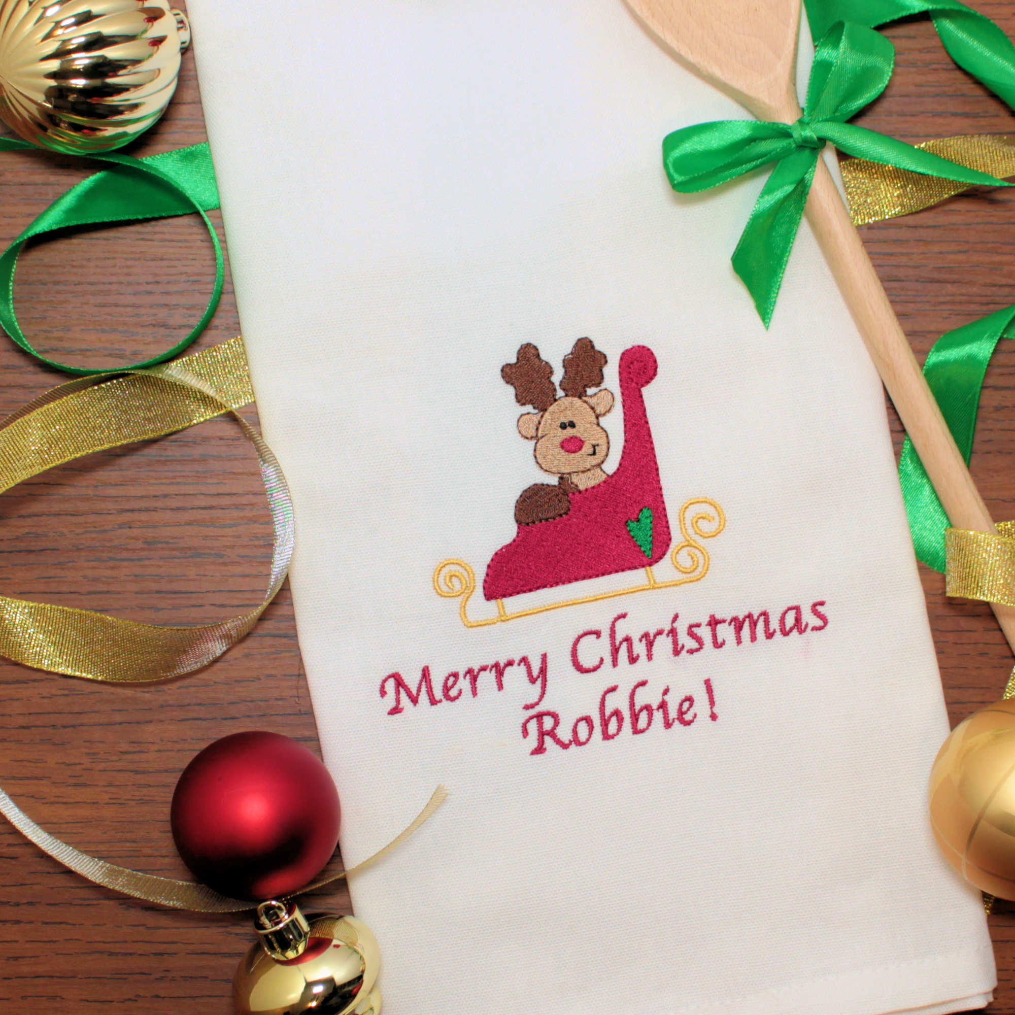 Personalised Christmas Towel Reindeer Tea Towel