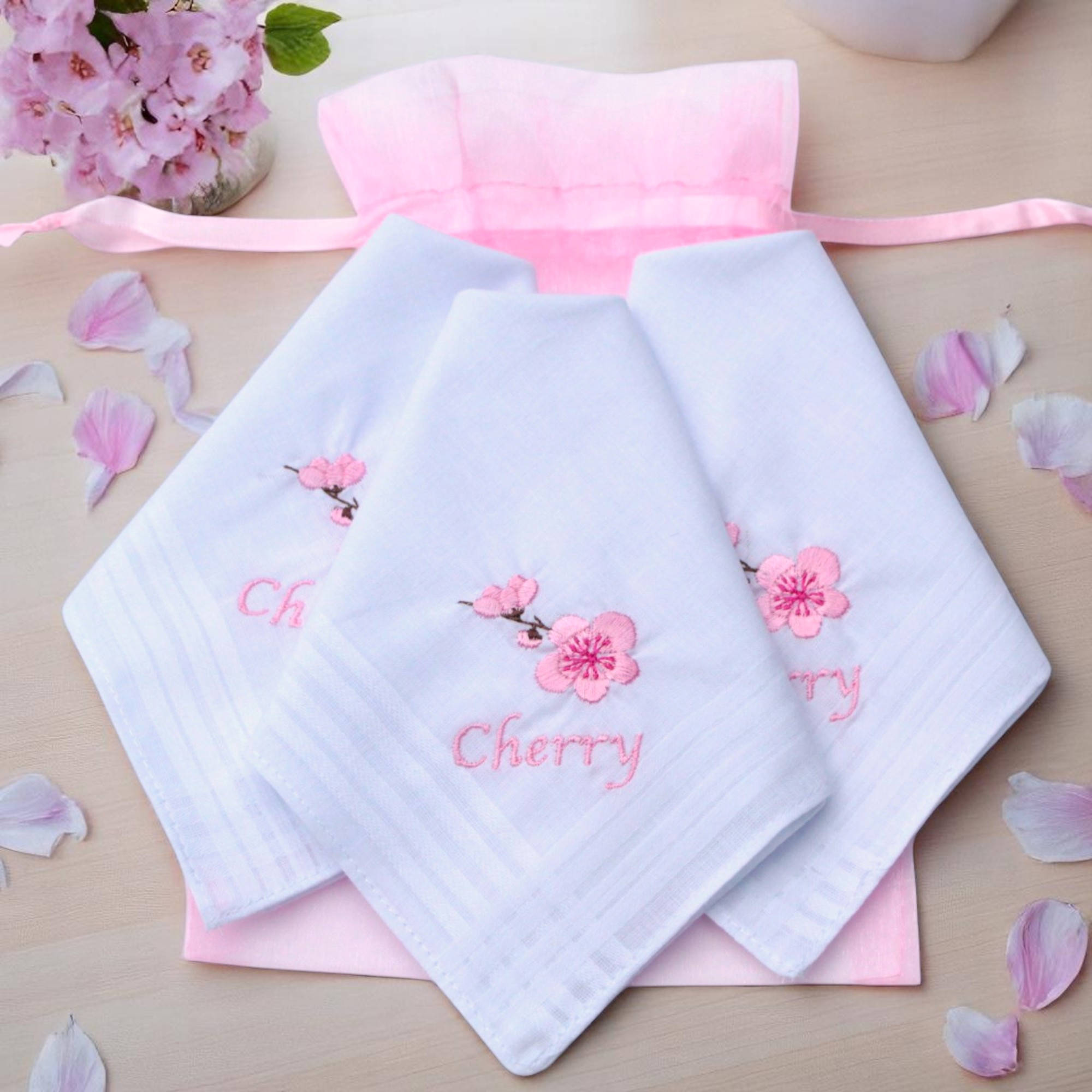 Cherry Blossom Handkerchiefs Three Embroidered Ladies Gift Hankies