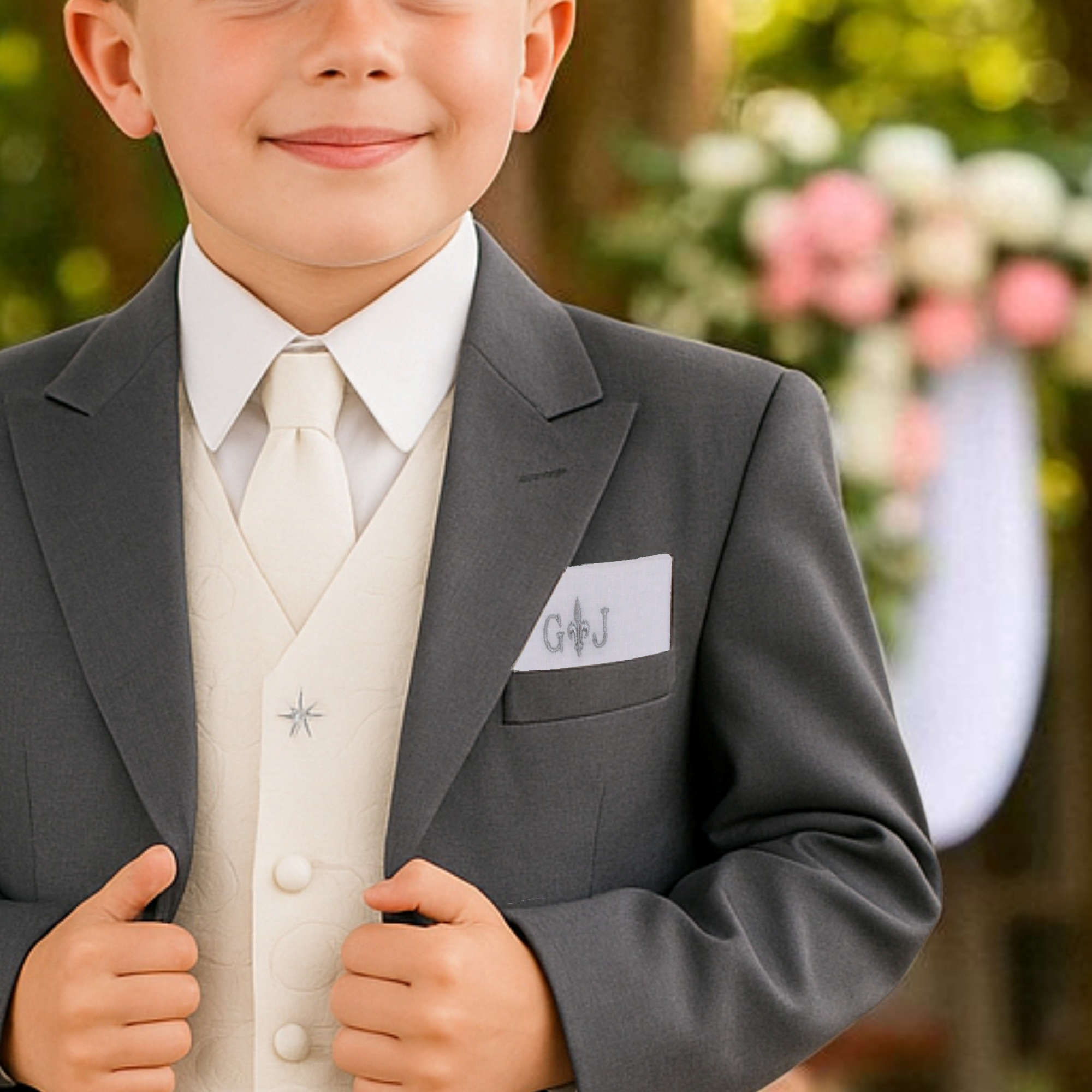 Childrens White Cotton Pocket Square Custom Embroidered Initials & Emblem