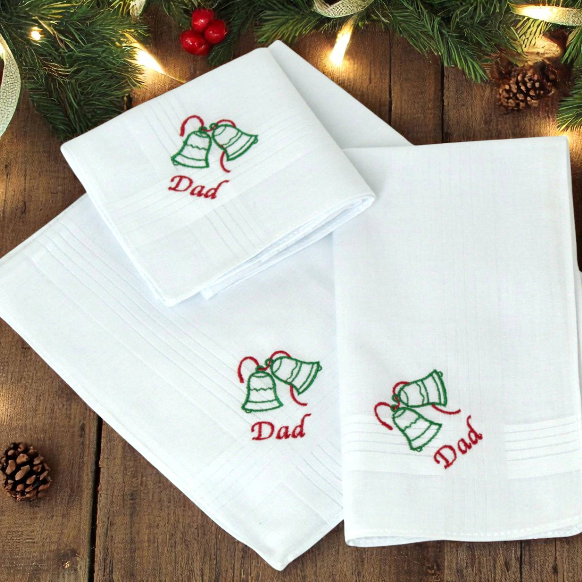 Christmas Handkerchiefs Personalised Bells Gift Set of 3 Hankies