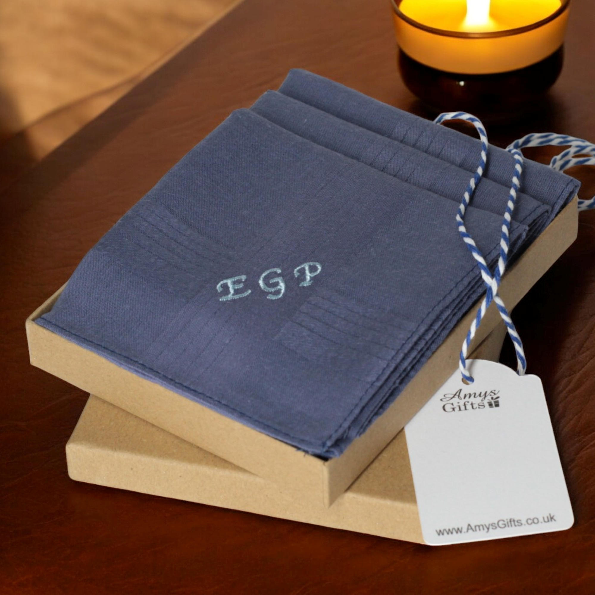 Three Mens Personalised Handkerchiefs Navy Blue Hankies Set