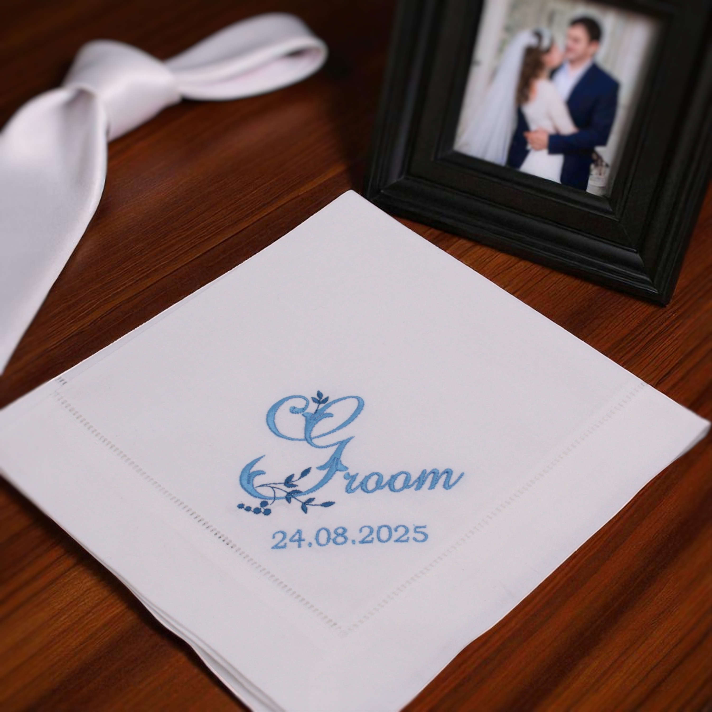 Something Blue Groom Linen Handkerchief Personalised Wedding Gift