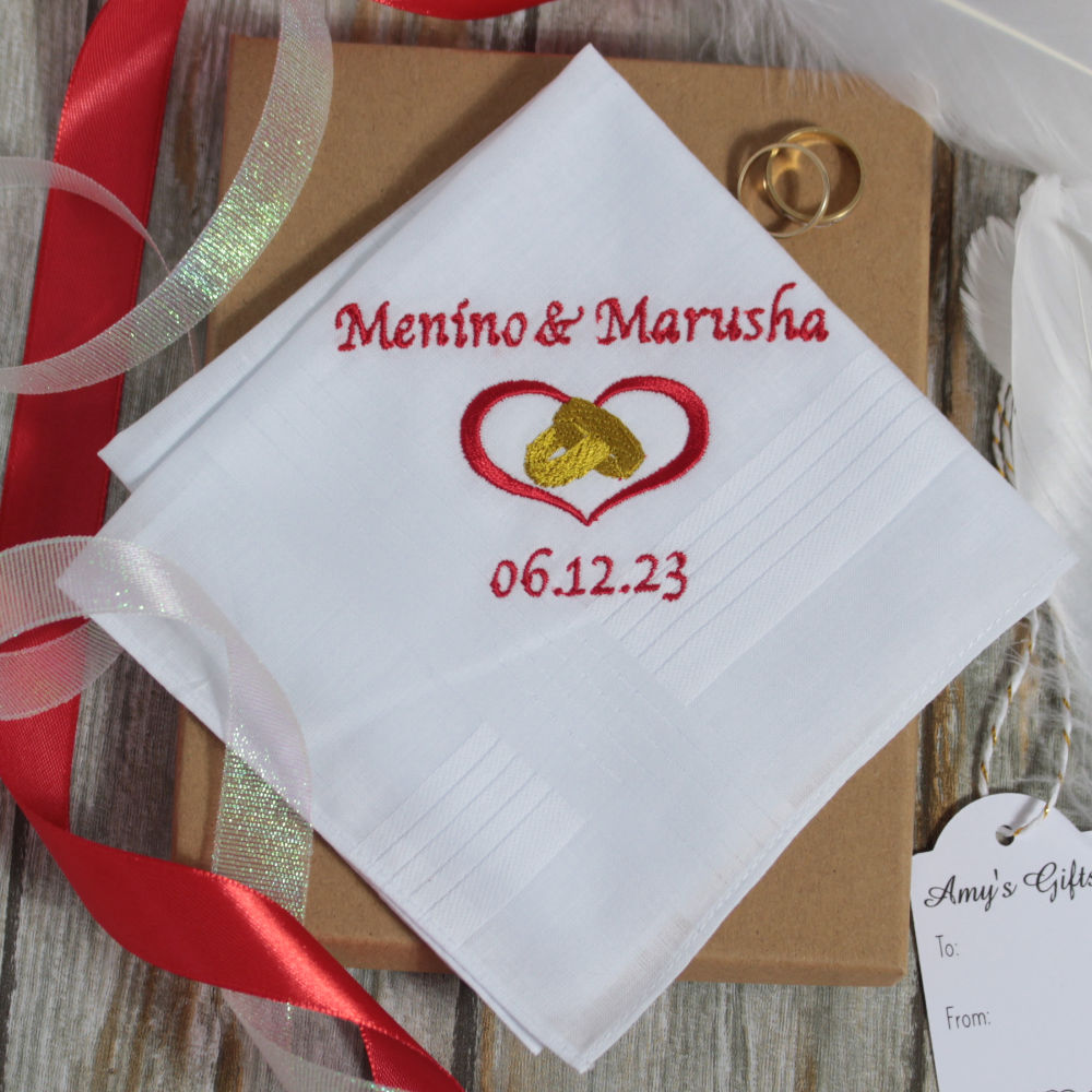 Personalised Mens Wedding Hanky Heart and Rings Handkerchief