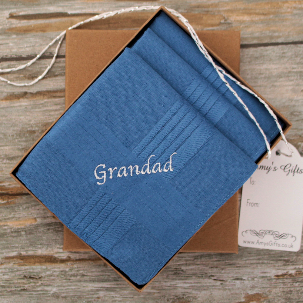 Mens Handkerchief Set Personalised 3 Blue Cotton Hankies