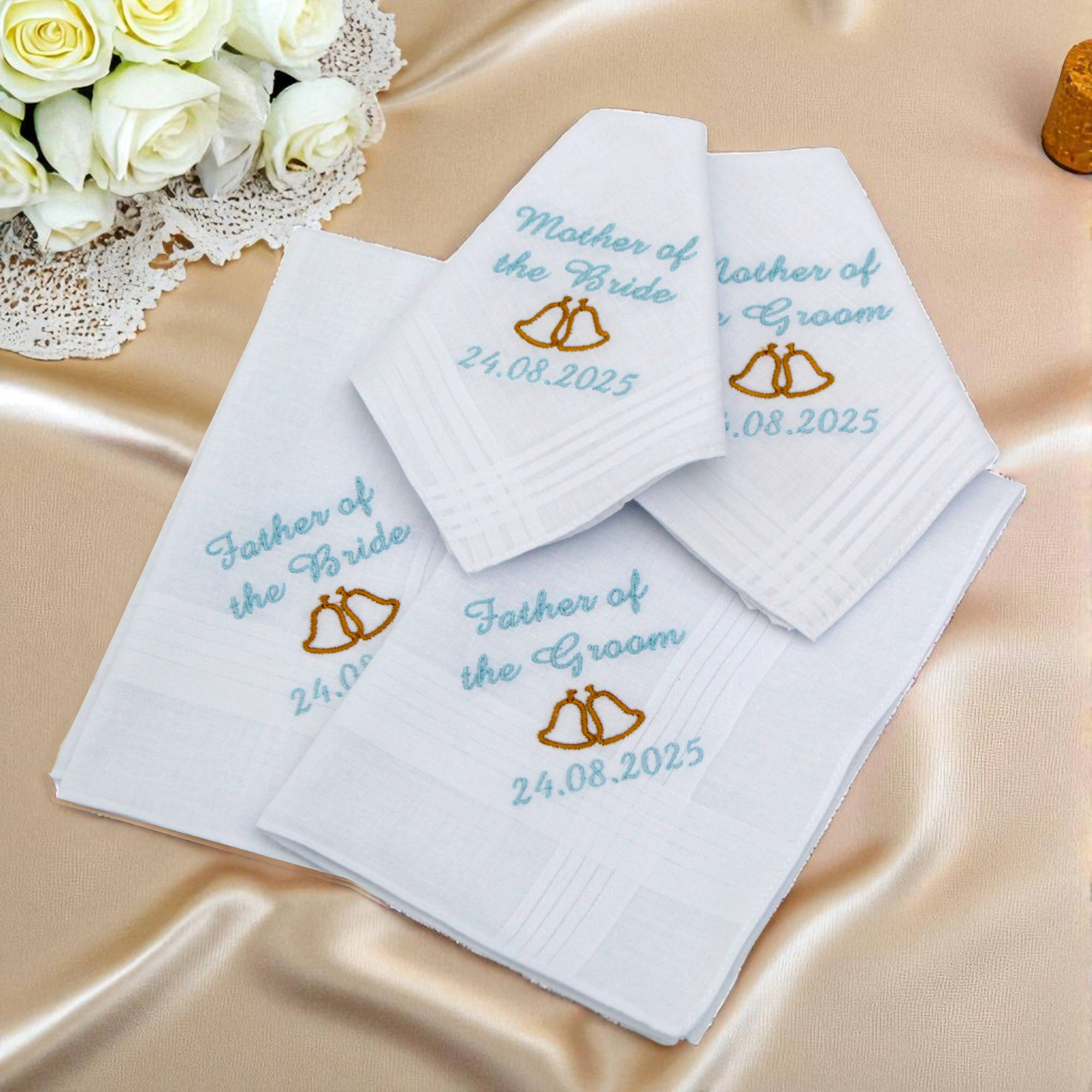 Wedding Bells Handkerchiefs Set Mother Father of Bride Groom Hankies