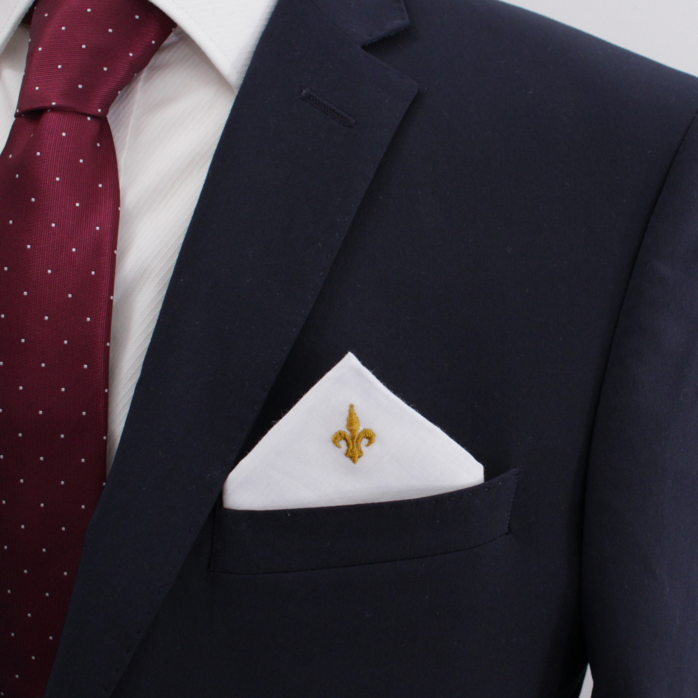 Mens White Cotton Pocket Square Custom Embroidered Emblem Motif