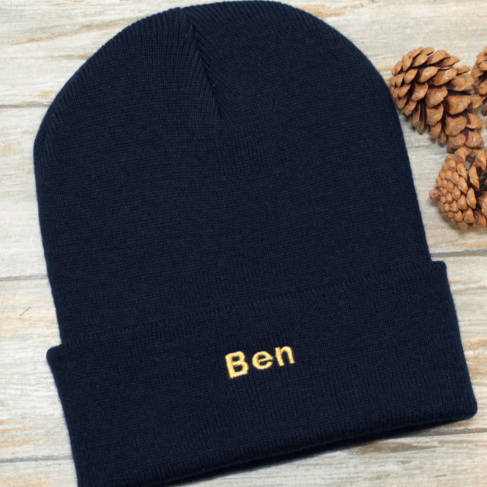 Personalised Navy Blue Beanie Hat Winter Cuffed Knit Hat