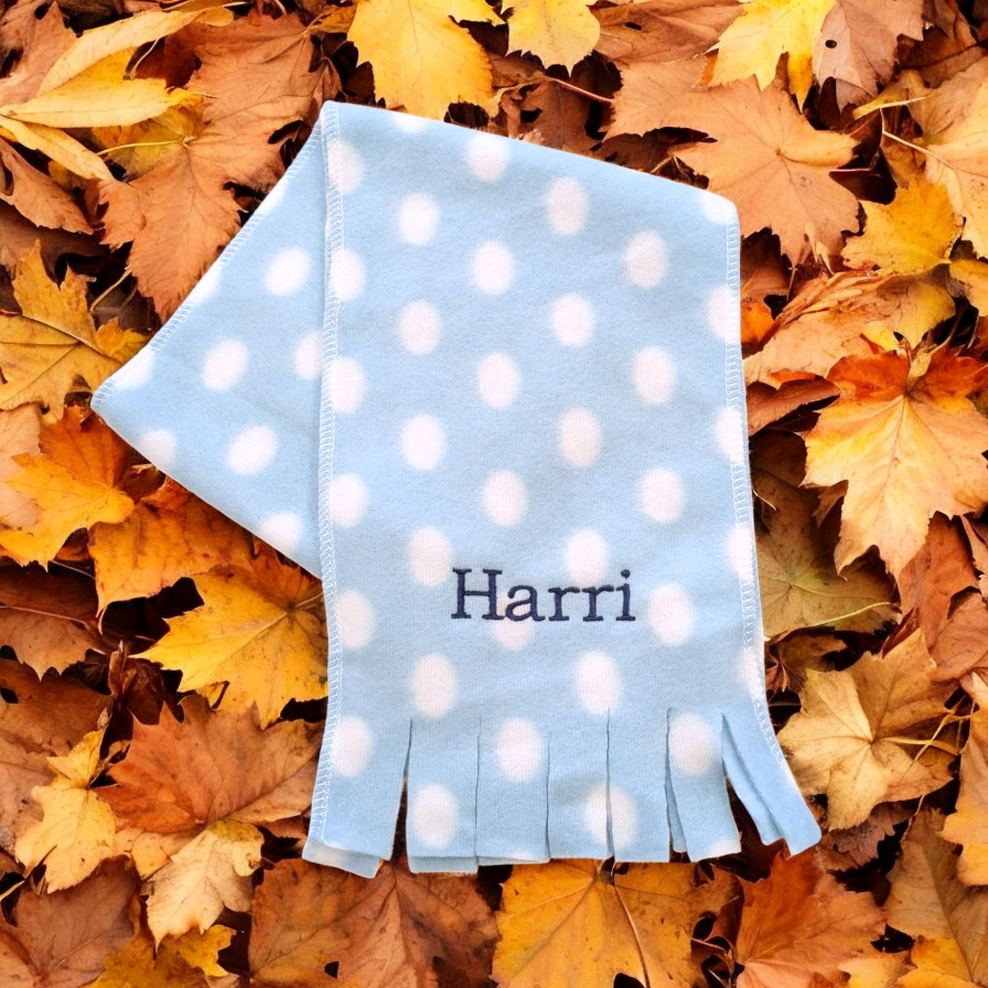 Personalised Childs Scarf Blue Polka Small Toddler Scarves