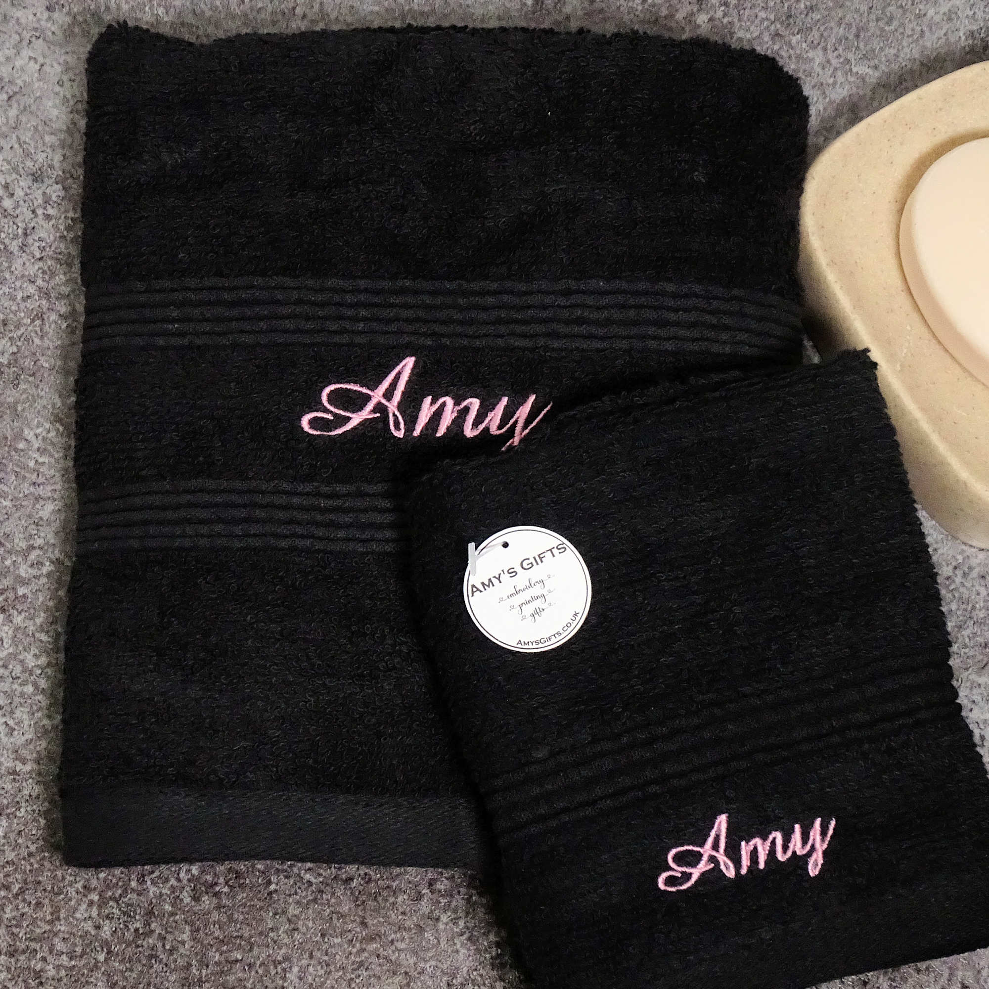 Black Towel Set Personalised Hand Towel and Face Flannel