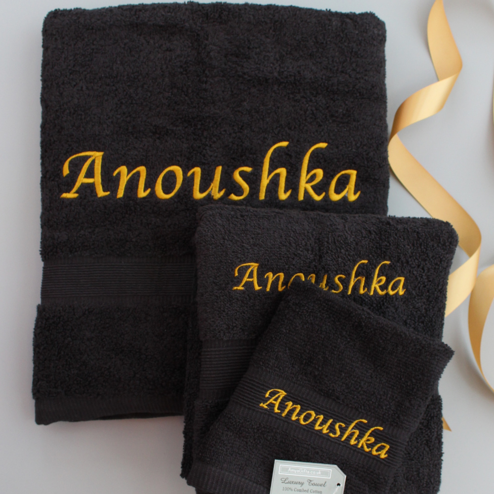 Personalised Towel Set 3pc Black Embroidered Towels