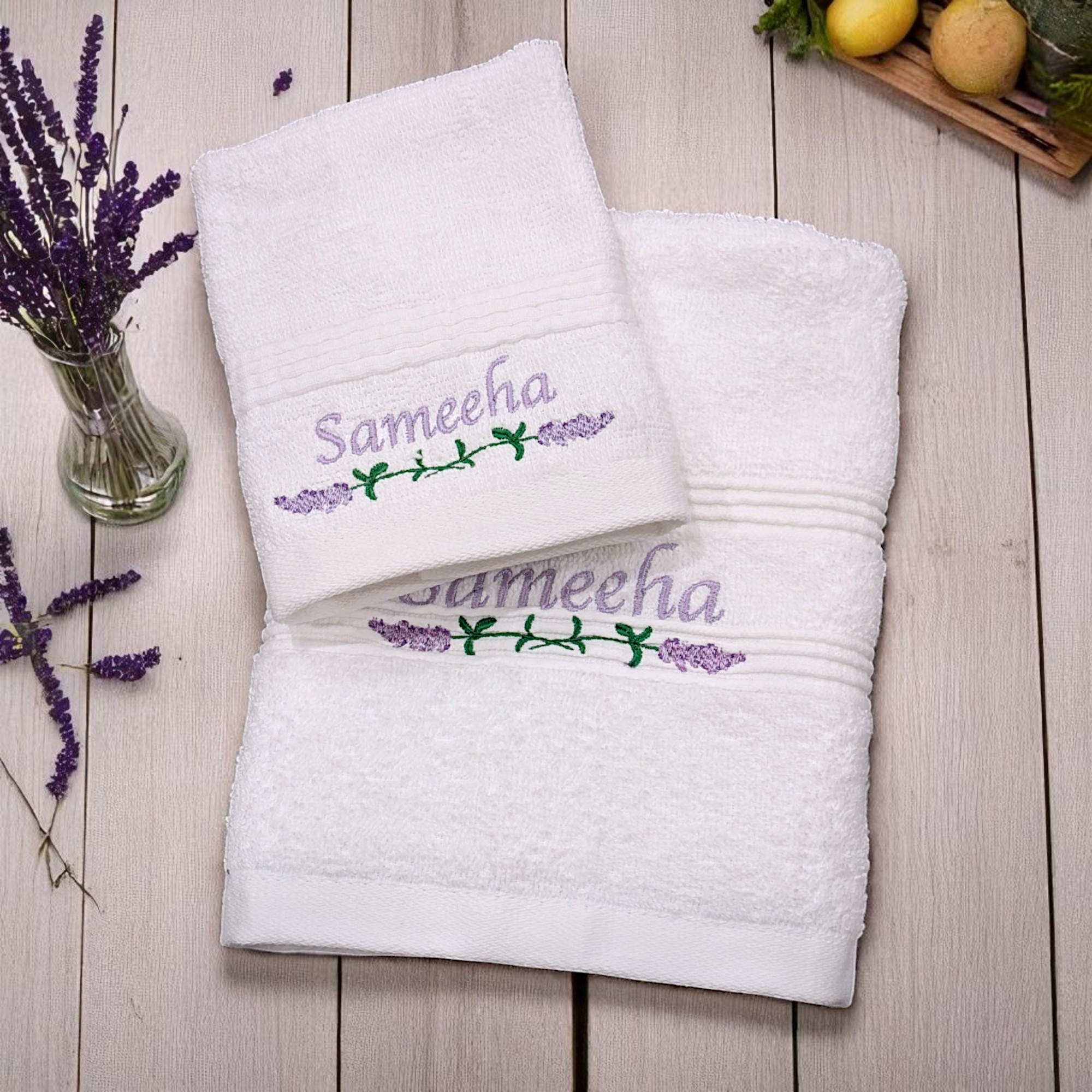Personalised Lavender Towels Hand and Flannel Gift Set
